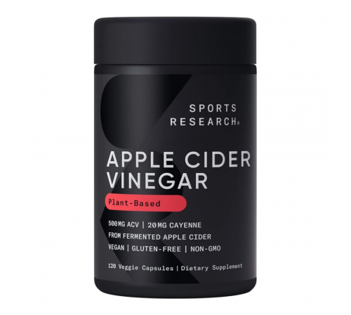 Яблочный уксус с кайенским перцем 500 мг, Apple Cider Vinegar 500 mg, Sports Research, 120 капсул