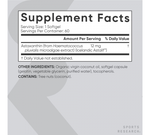 Астаксантин из микроводорослей 12 мг, Astaxanthin 12 mg, Sports Research, 60 капсул