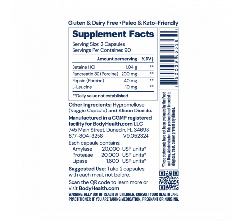Комлекс ферментов с бетаином, панкреатином и пепсином, Digestive Enzymes, BodyHealth, 180 капсул