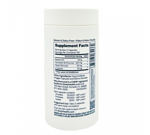 Комлекс ферментов с бетаином, панкреатином и пепсином, Digestive Enzymes, BodyHealth, 180 капсул