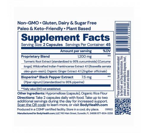 Растительный комплекс с куркумой, босвеллией и имбирём, Relief, BodyHealth, 90 капсул