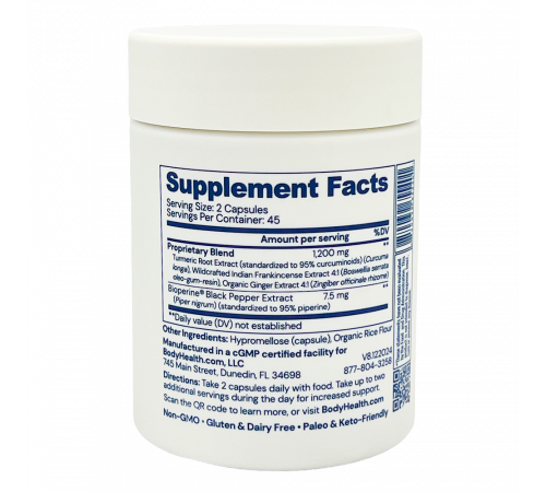 Растительный комплекс с куркумой, босвеллией и имбирём, Relief, BodyHealth, 90 капсул