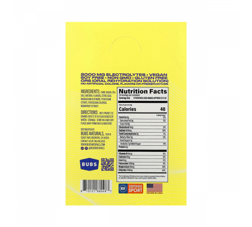 Смесь для приготовления электролитического напитка со вкусом лимона, Hydrate or Die, BUBS Naturals, 20 пакетиков