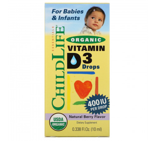 Витамин D3 в каплях с ягодным вкусом,  400МЕ, ChildLife, 10мл