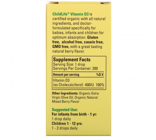 Витамин D3 в каплях с ягодным вкусом,  400МЕ, ChildLife, 10мл