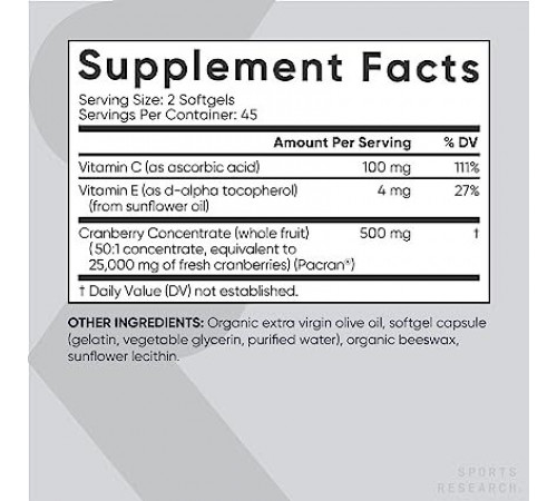 Клюквенный концентрат 250 мг, Cranberry Concentrate 250 mg, Sports Research, 90 капсул