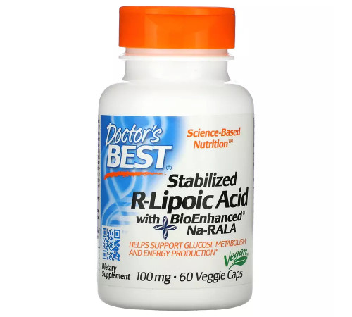 Cтабилизированная R-липоевая кислота 100 мг, Stabilized R-Lipoic Acid 100 mg, Doctor's Best, 60 вегетарианских капсул