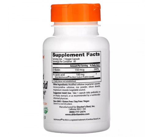 Cтабилизированная R-липоевая кислота 100 мг, Stabilized R-Lipoic Acid 100 mg, Doctor's Best, 60 вегетарианских капсул