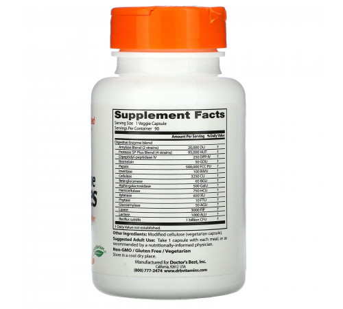Пищеварительные ферменты, Digestive Enzymes, Doctor's Best, 90 вегетарианских капсул