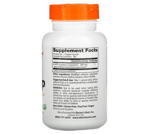 5-HTP, Doctor's Best, 5-гидрокситриптофан, 100мг, 180 вегетарианских капсул
