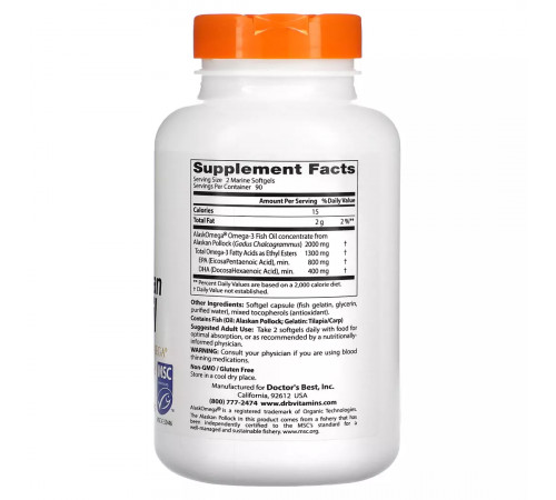 Чистый рыбий жир из дикой рыбы Аляски с AlaskOmega 1000 мг, Pure Wild Alaskan Fish Oil with AlaskOmega 1000 mg, Doctor's Best, 180 морских капсул