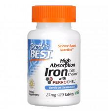 Легкоусвояемое железо 27 мг, High Absorption Iron with Ferrochel 27 mg, Doctor's Best, 120 таблеток