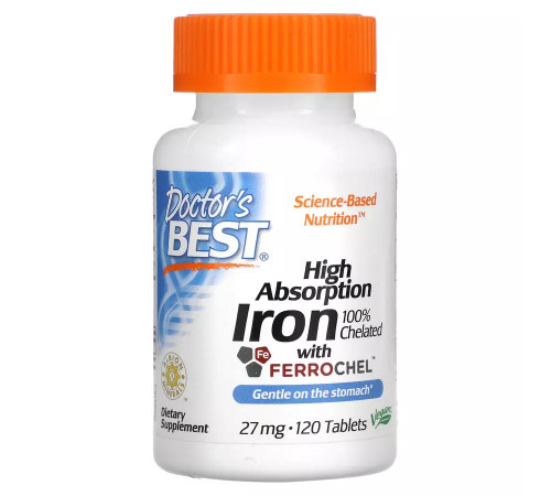 Легкоусвояемое железо 27 мг, High Absorption Iron with Ferrochel 27 mg, Doctor's Best, 120 таблеток