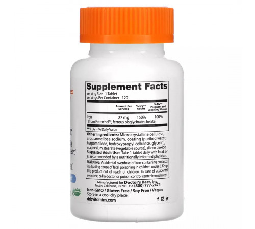 Легкоусвояемое железо 27 мг, High Absorption Iron with Ferrochel 27 mg, Doctor's Best, 120 таблеток