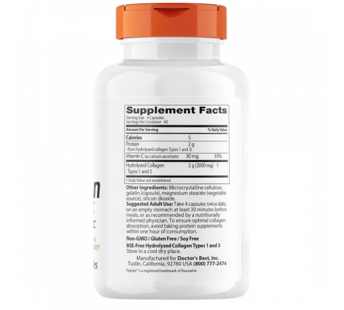 Коллаген 1 и 3 типа, Doctor's Best Collagen Types 1 and 3 and Vitamin C, 500 мг, 240 капсул