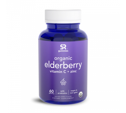 Комплекс Бузины 150 мг + Витамин C, Цинк и Пробиотики, Elderberry Gummies 150mg + C, Zn & Probiotic Organic, Sports Research, 60 жевательных капсул