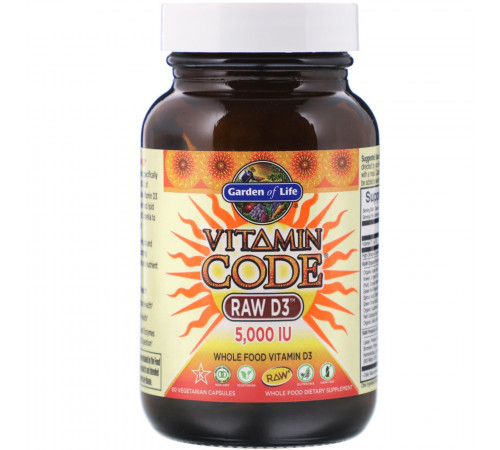 Витамин Д3 5000 МЕ, Vitamin Code Raw D3 5000 IU, Garden of Life, 60 капсул