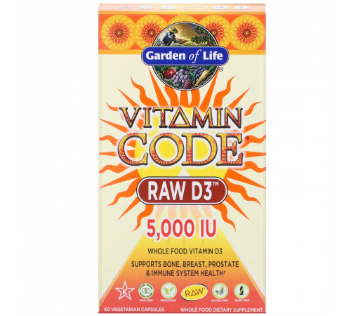 Витамин Д3 5000 МЕ, Vitamin Code Raw D3 5000 IU, Garden of Life, 60 капсул