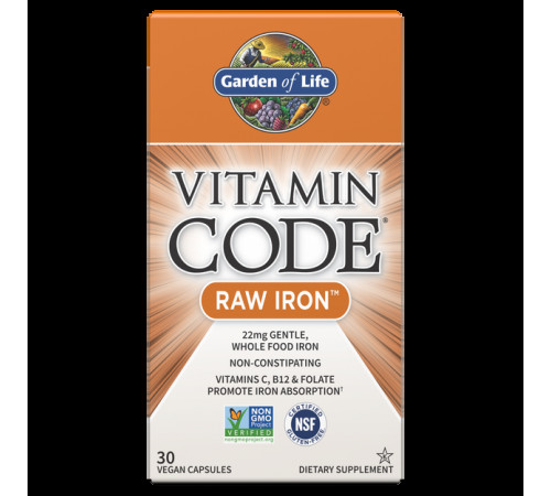 Железо, Vitamin Code Raw Iron, Garden of Life, 30 капсул