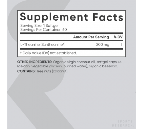 Аминокислота L-теанин 200 мг, L-Theanine Suntheanine 200 mg, Sports Research, 60 капсул
