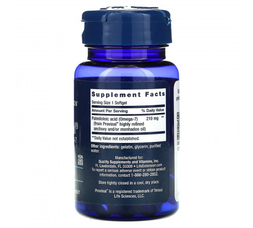 Life Extension, Provinal, очищенная форма омега-7, 30капсул