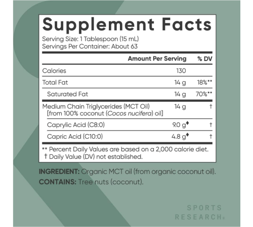 Органическое масло с жирными кислотами МСТ (C8, C10), MCT Oil organic (C8, C10), Sports Research, 946 мл (32 fl oz)