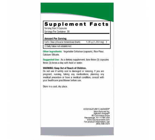 Экстракт кошачего когтя, Cat’s Claw, Nature's Answer, 90 растительных капсул