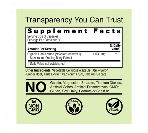 Ежовик гребенчатый, Lion's Mane, Nature's Answer, 90 вегетарианских капсул