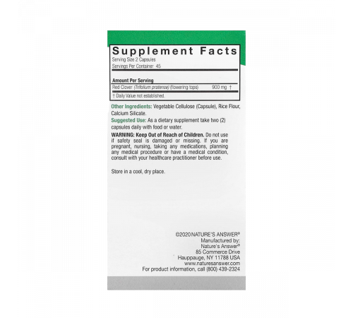 Красный клевер, Red Clover Tops, Nature's Answer, 90 вегетарианских капсул