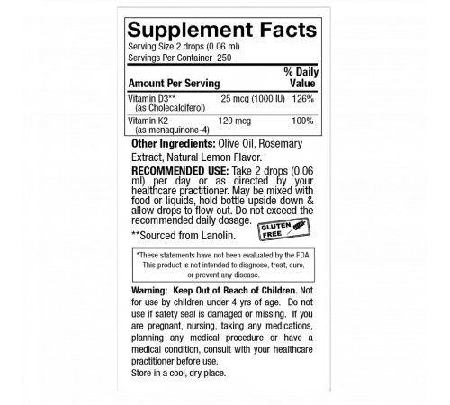 Жидкий витамин D3 и K2, Liquid Vitamin D3 and K2, Nature's Answer, 15 мл