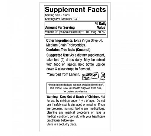 Витамин D3 4000 ME, Vitamin D3 Liquid, Nature's Answer, 15 мл