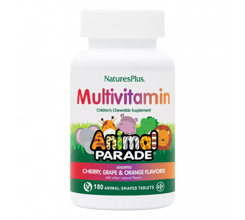 Мультивитамины для детей со вкусом вишни, винограда и апельсина, Multivitamin Children’s Chewables - Assorted, NaturesPlus, 180 таблеток в форме животных