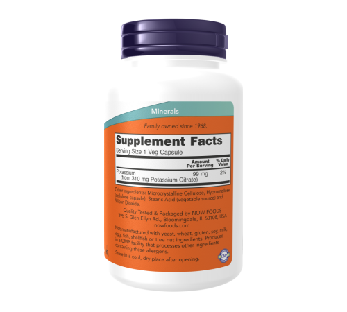 Цитрат калия 99 мг, Potassium Citrate 99 mg, Now Foods, 180 вегетарианских капсул