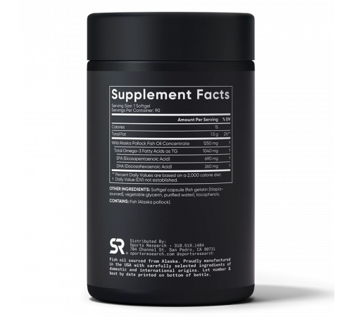 Рыбий жир с омега-3 1250 мг, Omega-3 Fish Oil 1250mg, Sports Research, 90 капсул