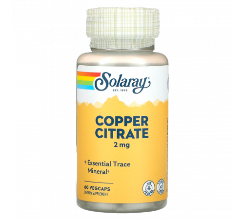 Цитрат меди 2 мг, Copper Citrate, Solaray, 60 вегетарианских капсул