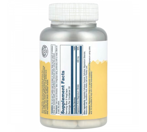 Solaray Магний Цитрат, Magnesium Citrate, 400 мг, 90 капсул
