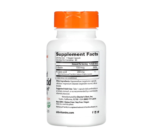 R-липоевая кислота, Stabilized R-Lipoic Acid with BioEnhanced Na-RALA 200 mg, Doctor's Best, 60 вегетарианских капсул
