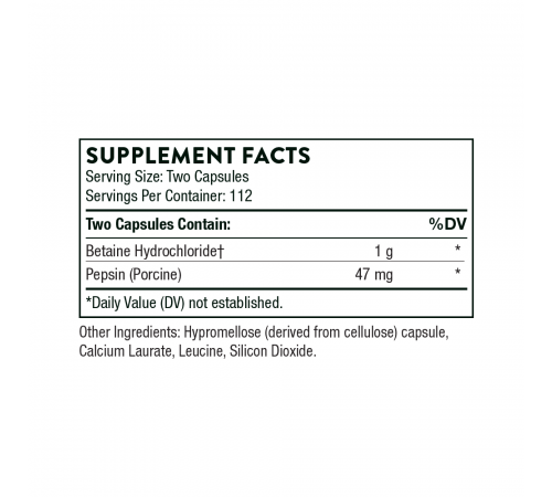 Бетаингидрохлорид и пепсин, Betaine HCL/Pepsin, Thorne Research, 225 капсул