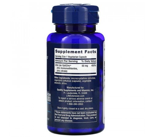 Цинк 50 мг, Zinc caps 50 mg, Life Extension, 90 капсул