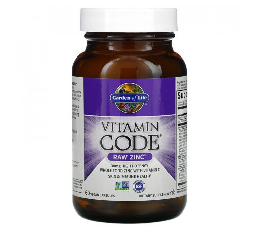 Цинк из цельных продуктов, Vitamin Code Raw Zinc, Garden of Life, 60 капсул