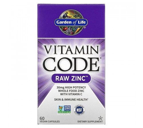 Цинк из цельных продуктов, Vitamin Code Raw Zinc, Garden of Life, 60 капсул