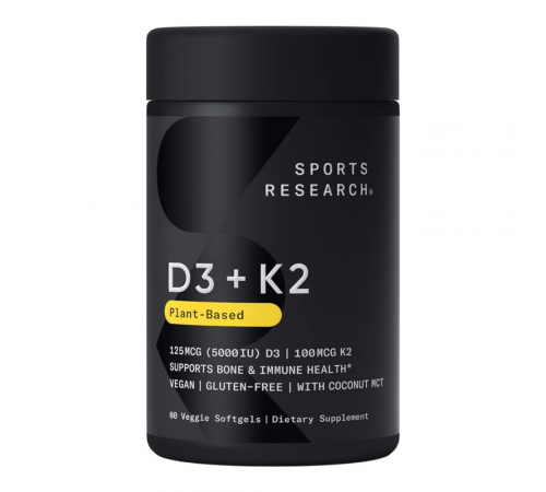Витамин Д3+К2 5000 МЕ, Vitamin D3+K2 5000 IU, Sports Research, 60 капсул