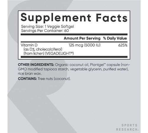 Вегетарианский витамин Д3 5000 МЕ, Vegan D3 5000 IU, Sports Research, 60 капсул