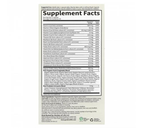 Мультивитамины для мужчин, Vitamin Code RAW One for Men, Garden of Life, 30 капсул