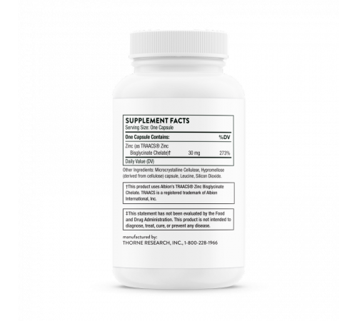 Бисглицинат цинка 30 мг, Zinc Bisglycinate 30 mg, Thorne Research, 60 капсул