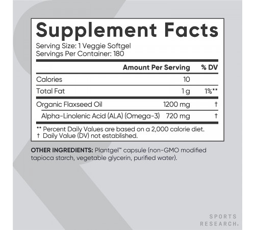 Льняное масло, Flaxseed Oil, Sports Research, 180 капсул